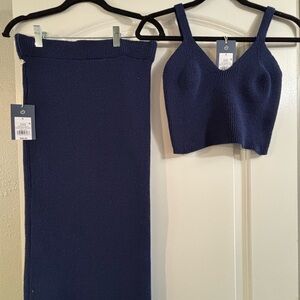 Ribbed Knit Navy Two-Piece Skirt Set - Women